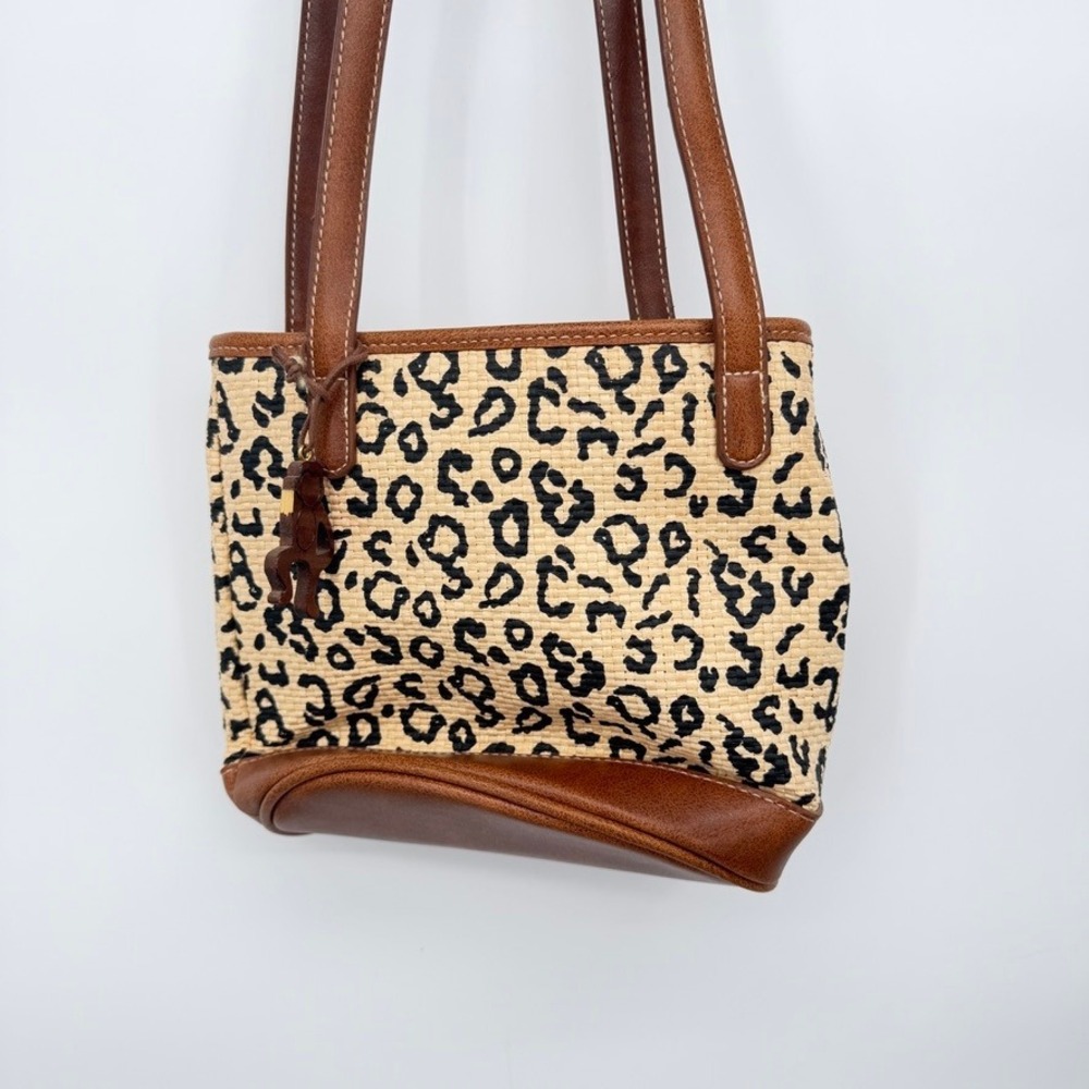 Liz Claiborne Shoulder Bag Leopard Print Straw Woven Brown Tan Small - Picture 3 of 14